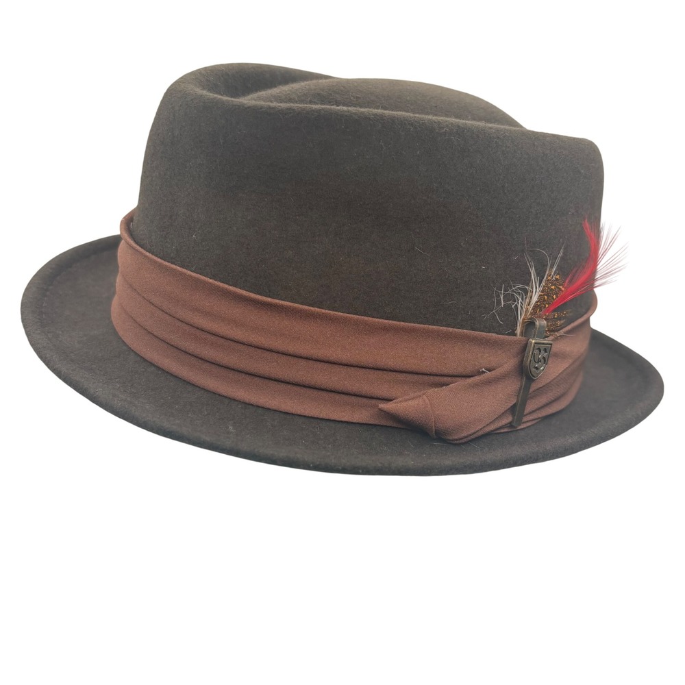 Brixton Stout Pork Pie Hat Mens Medium Brown Felt Wool Feather 311-00036-0400-M‎